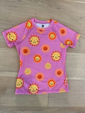 Tea Collection Pink and Yellow Sun Print Kids Short Sleeve Rashguard size 8